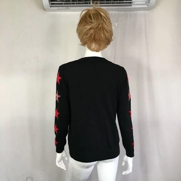 Suéter Pullover Elan Negro Rojo Adornado Estrellas A lo Largo Mangas Largas Talla M Foto 4 de 4