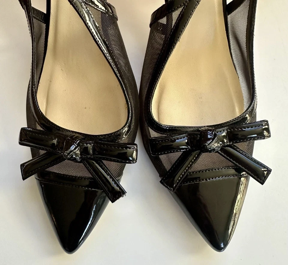 Kate Spade Tessa Designer Black Patent Leather Mesh Slingback Heels w Bows Sz 10 - Image 3 of 4