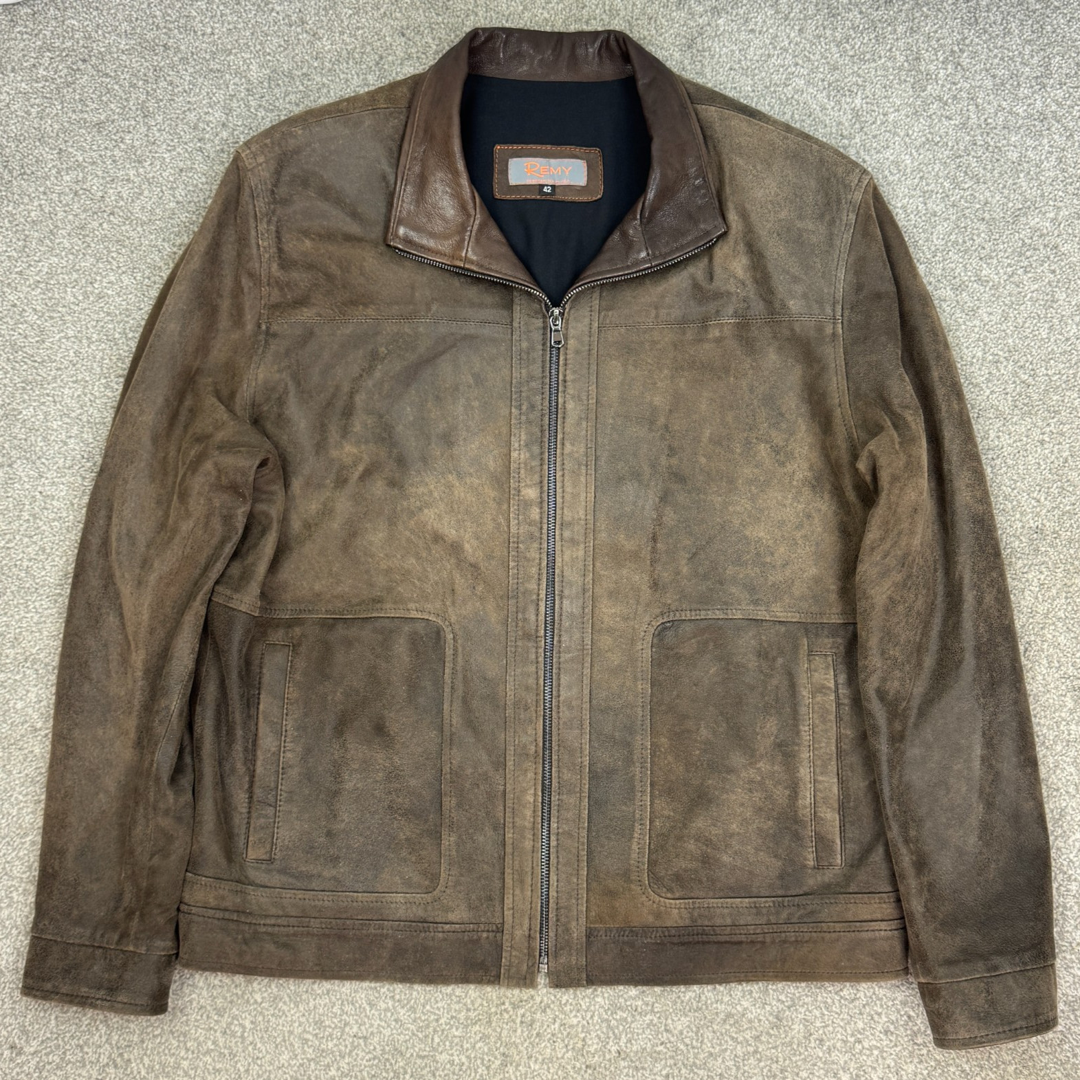 Remy Lambskin Leather Jacket Mens 42 Brown Mock Neck $1600 MSRP Handcrafted USA