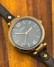 Fossil Watch Women Rose Gold Tone Gray Dial Leather ES-3077 32mm New Battery