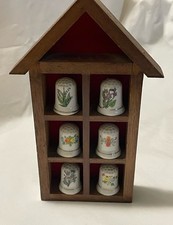 Vintage THIMBLE DISPLAY ~ HOUSE Shaped ~ 6 FLORAL Porcelain THIMBLES ~ Hangs