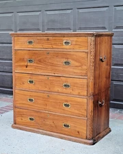 Antique c.1850 Carved Camphor Campaign Chest of Drawers w/ Secretary Desk