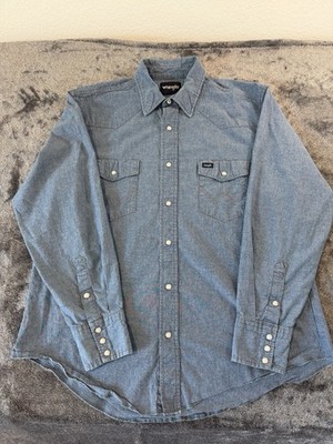 Wrangler Shirt Mens XL Denim Western Pearl Snap X-Long Tails Cowboy Rodeo