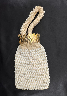 Vtg Walborg Satchel Beaded Purse White Beggar Bag Accordian Top Hong Kong