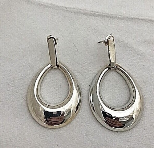 Sterling Silver .925 1 1/2" Pear Shaped Drop Earrings 1" wide Classy - Picture 8 of 8