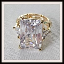 Clear Extra Large Crystal Stretch Ring Gold Plated Statement
