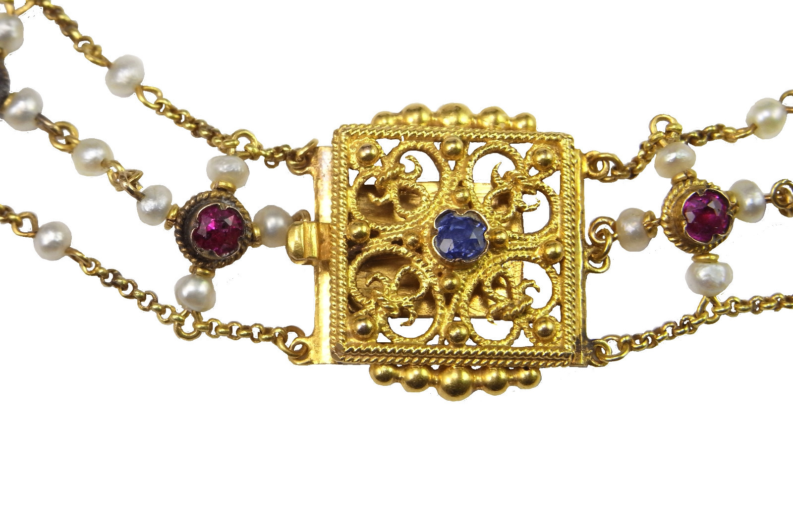 Victorian Ruby Sapphire Pearl 14K Yellow Gold Negligee Necklace Festoon Fringe image 6