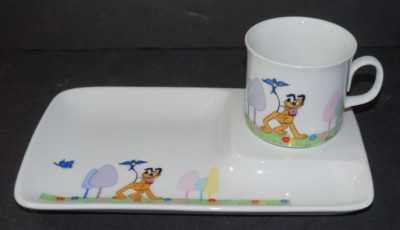 Vintage Walt Disney Productions Pluto Porcelain Luncheon Snack Plate Mug Cup