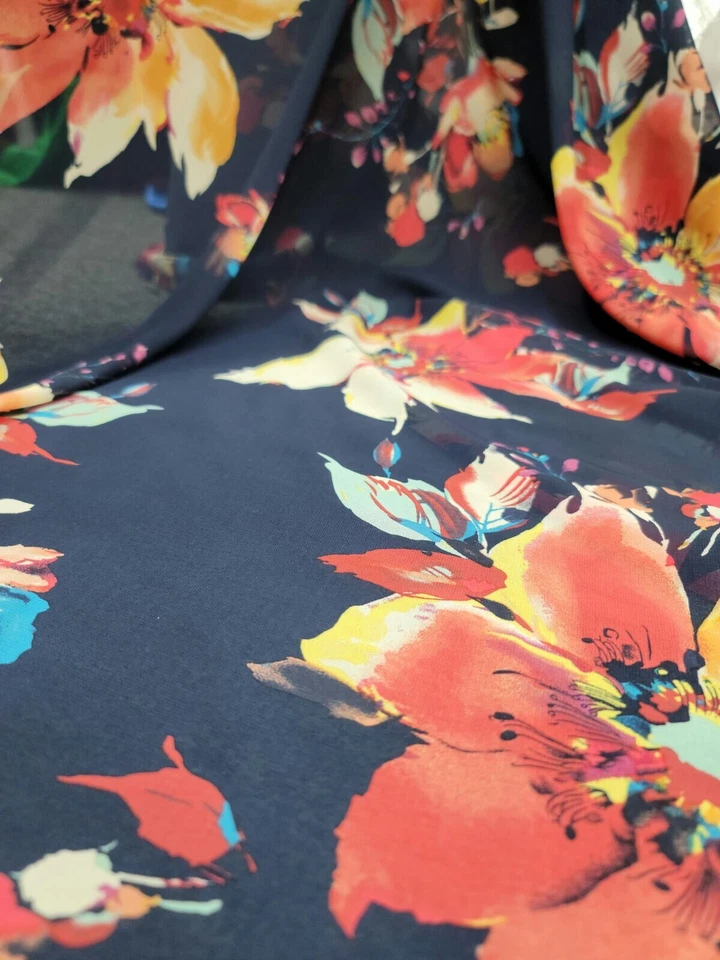 Navy Blue Chiffon Fabric By The Yard Multi Color Floral Red Yellow - Image 4 of 4