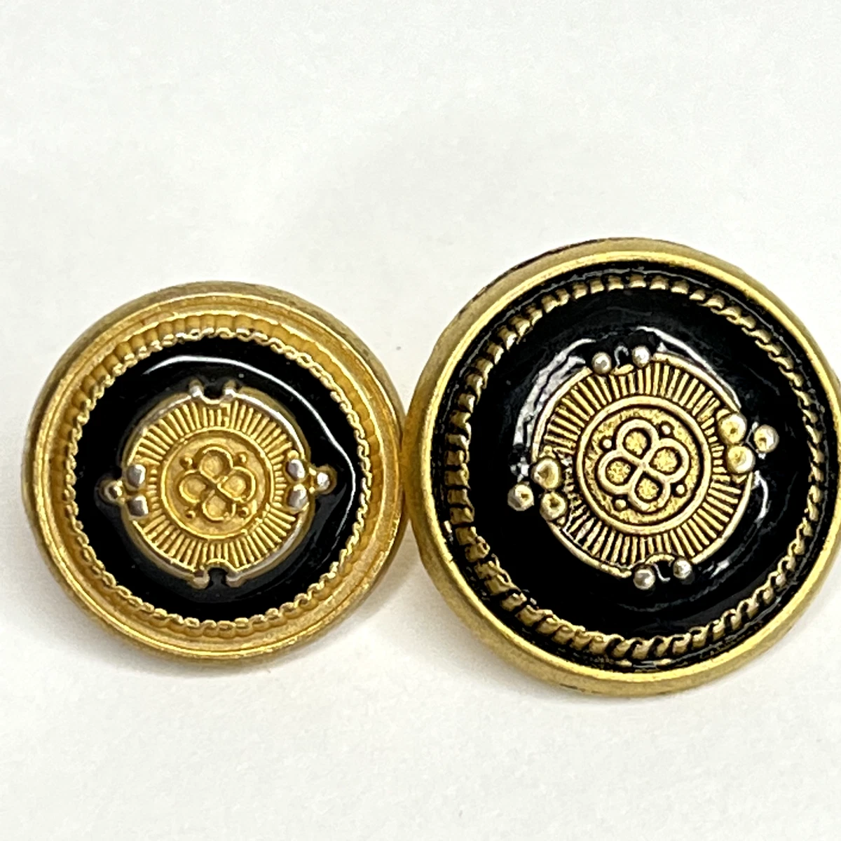 Pair Buttons Vintage Gold Tone Brass Shank Fancy Metal Shields Button Lot 61