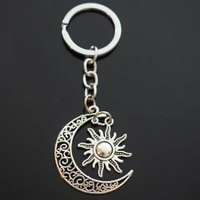 Sun & Crescent Moon Hollow Design Art Silver Pendant Keychain Gift Key Chain