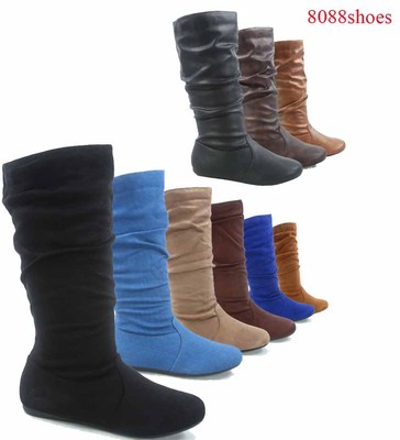 all s Women's Fashion Causal Zipper Round Toe Slouchy Flat Mid-Calf Boot