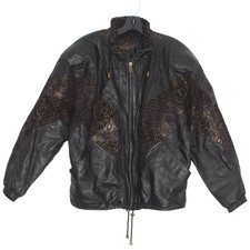 Winlit Womens Jacket Vintage Genuine Leather Full Zip Printed Black Size Small