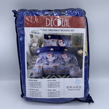 Decdeal 3D Merry Christmas Bedding Set Twin Size Santa Snow Blue