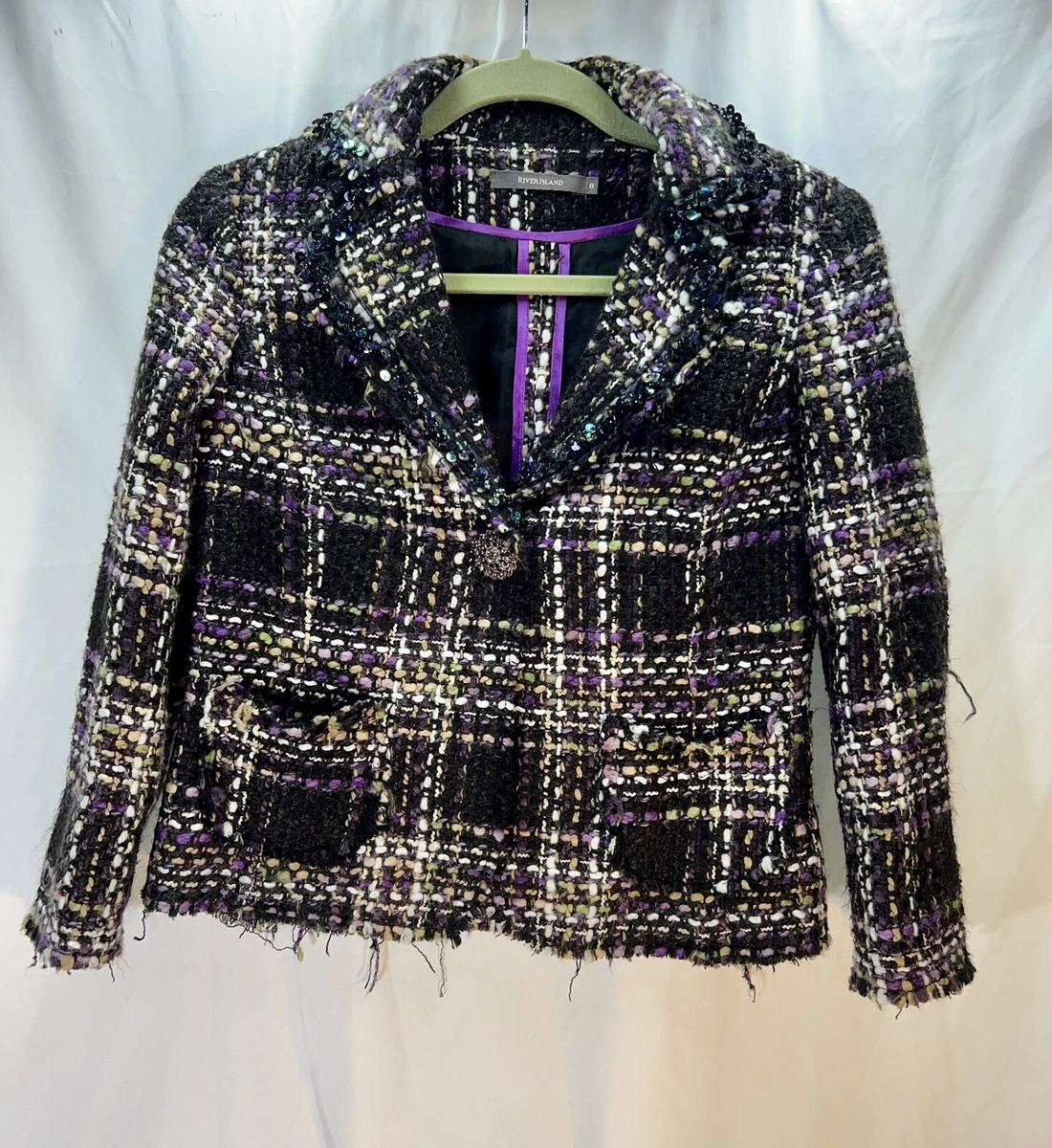 River Island Jacket Bolero Womens Cropped Plaid Open Purple Beige Tweed size 8