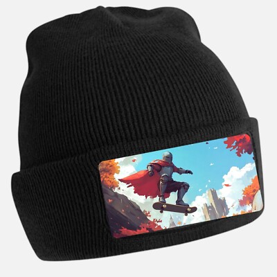 Black Beanie Hat with Cool Knight Motif - Unisex Cap, Cotton