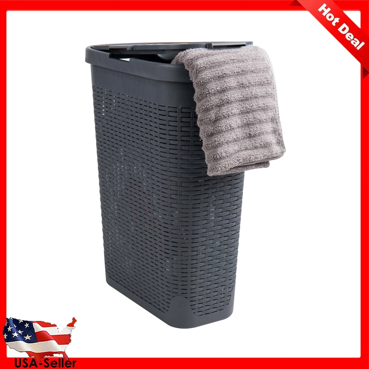 40 Liter Plastic Wicker Slim Laundry Basket W Cutout Handles Lid