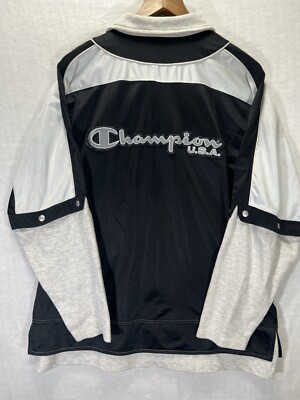 Vintage Champion USA Track Jacket Mens L Snap Sleeves Black White Gray