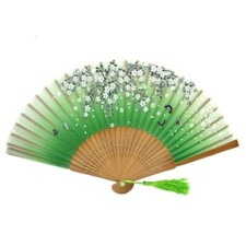 923, 1 Stk Fächer Holzfächer Hand Sommerfächer grün braun Nylon Stoff Blumen