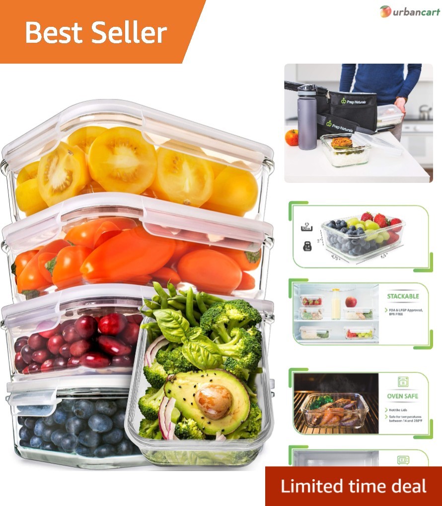 PrepNaturals 5-Pack Borosilicate Glass Meal Prep Containers - 30 Oz, Leakproo...