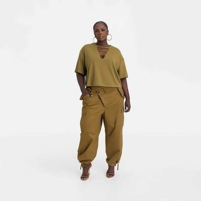 KBB by Kahlana Tan/Olive Green Asymmetric Waist Cargo Pants Streetwear L