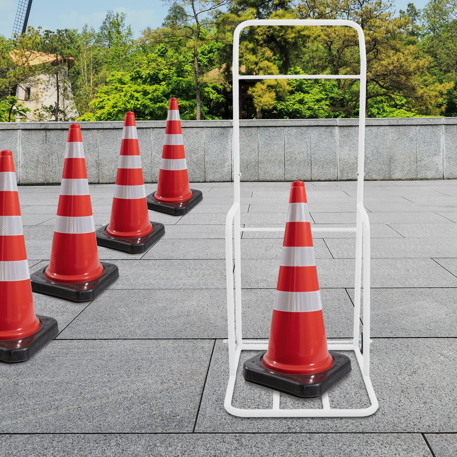 Traffic Cone Cart, White Traffic Cones Holder With Wheels, Iron Traffic Cone Car