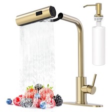 Brushed Gold Kitchen Faucet with Pull Down Sprayer  Soap Dispenser, Single Hole