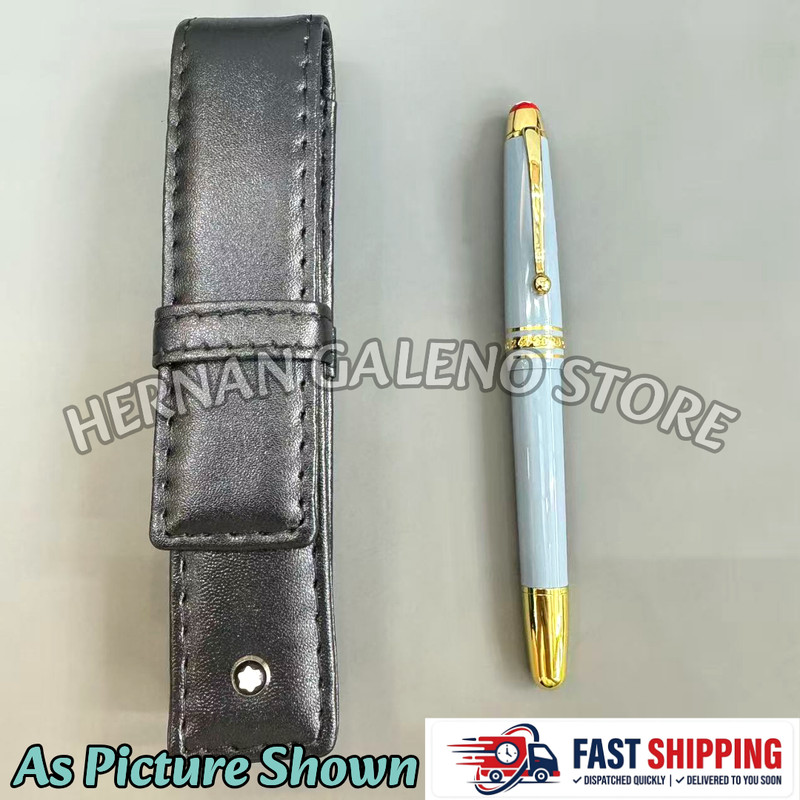 BID NOW MB 163 Light Blue Gold Trim Fountain Pen Leather Case