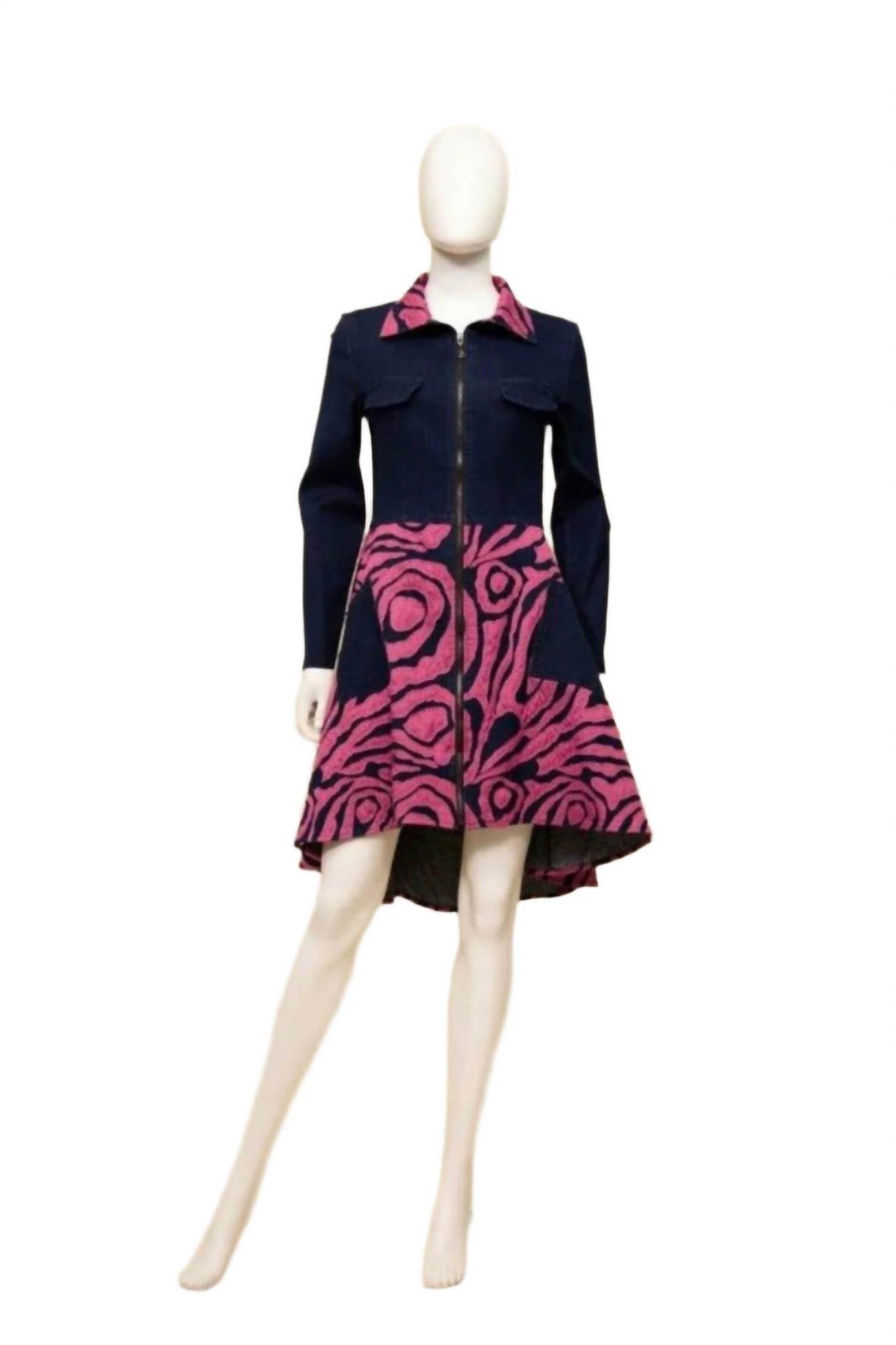 Chaqueta de mezclilla elástica con cremallera azul/buganvillas Samuel Dong corte láser para mujer