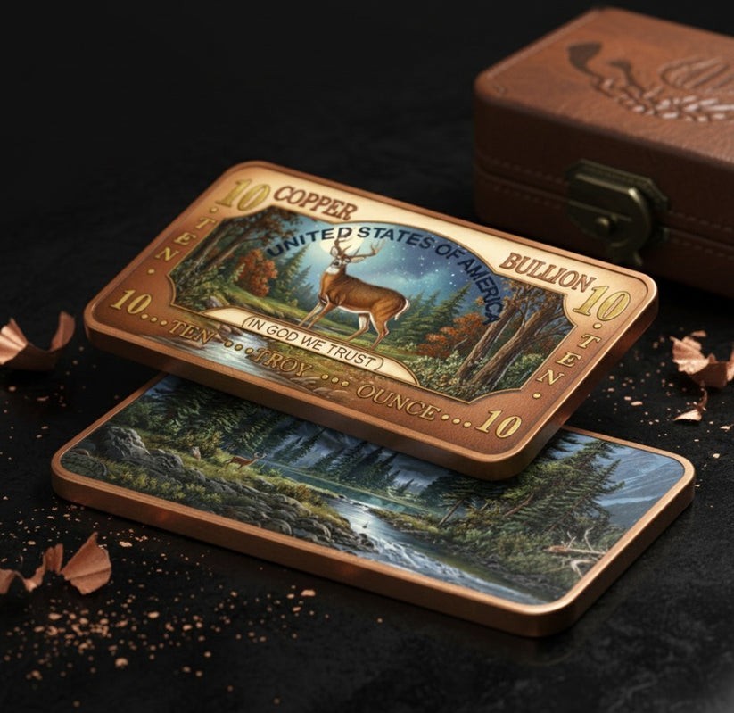 2025 10oz Whitetail Deer .999 Fine Copper Bar Colorized In CAPSULE