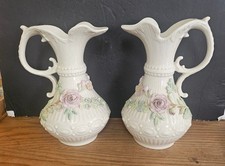 PAIR of Irish Belleek Aberdeen Vases   Pitchers Ireland Raised Flowers  9’’ Tall