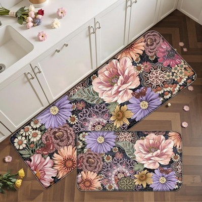 Boho Floral Kitchen Mats for Floor 2PCS Anti Fatigue Mats for Kitchen Floor C...