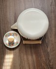 Vintage Enamel Lincoware Tea Pot Kettle Flowers Pattern Wood Handles RARE — photo 4