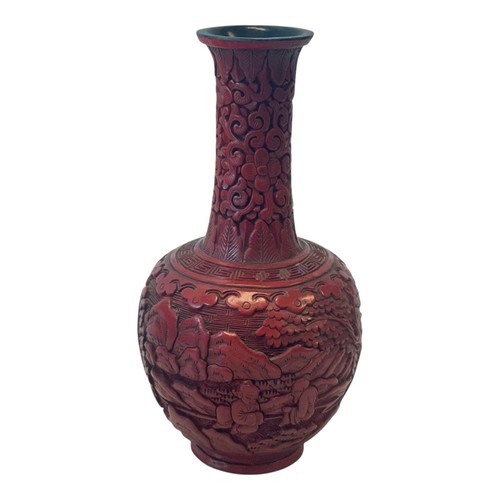 Pair Of Antique Qing Dynasty Chinese Cinnabar Lacquer Vase - Picture 7 of 8