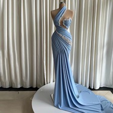 Blue One‑Shoulder Pearls Cutout Mermaid Evening Dresses Ruched Satin Prom Gowns