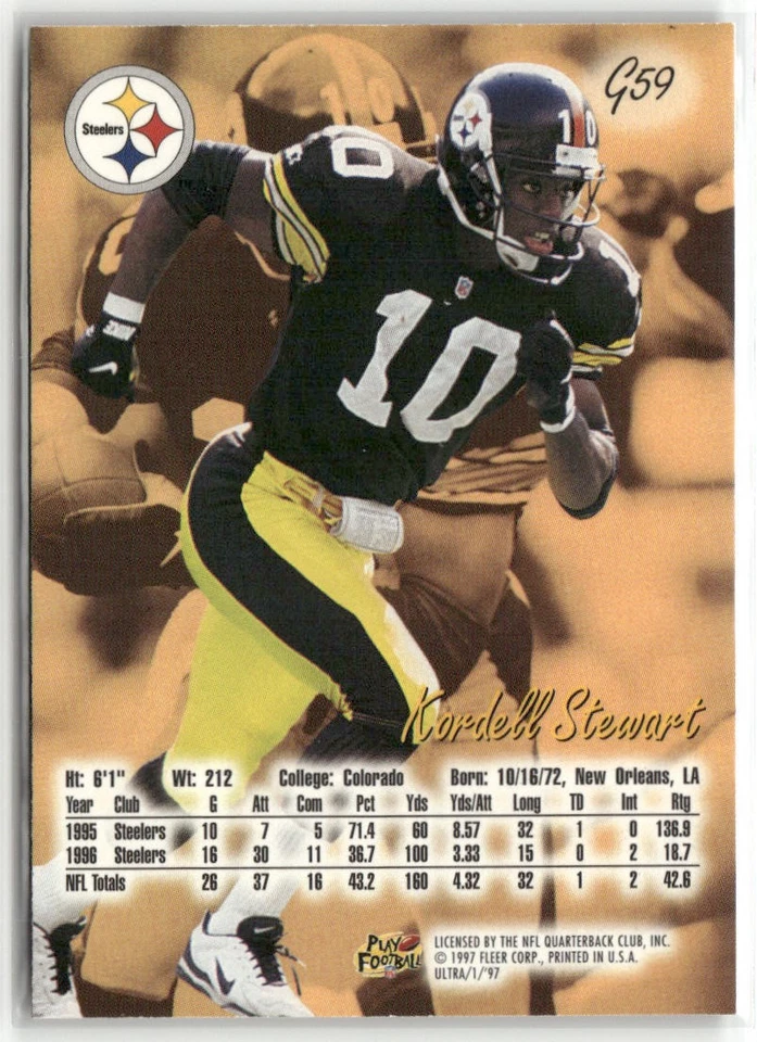 1997 ULTRA #G59 KORDELL STEWART GOLD MEDALLION PITTSBURGH STEELERS - Image 2 of 2