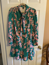 SHEIN Green Pink Floral Fit & Flare Tie-Neck Button Ruffle Short Dress L