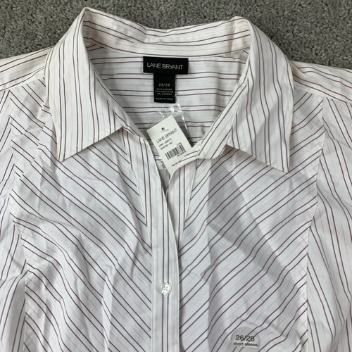 NWT Lane Bryant Button Up Shirt Women's 26/28 White Red Striped Short Sleeve - Picture 2 of 8