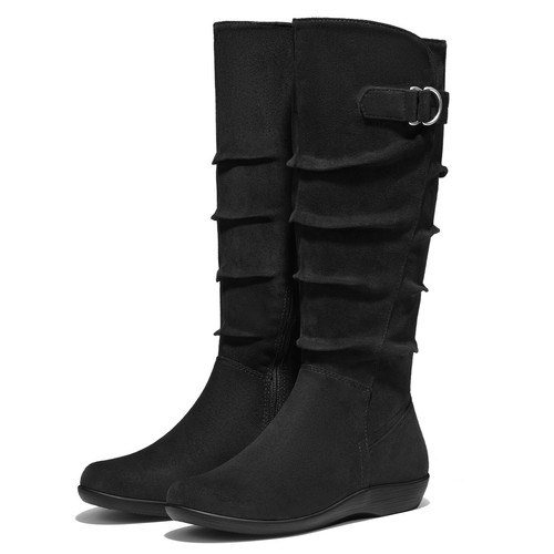 SUEDI Women Knee High Slouchy Boots Buckle Low Heel Side Zipper Flat Tall Boots - Picture 13 of 49