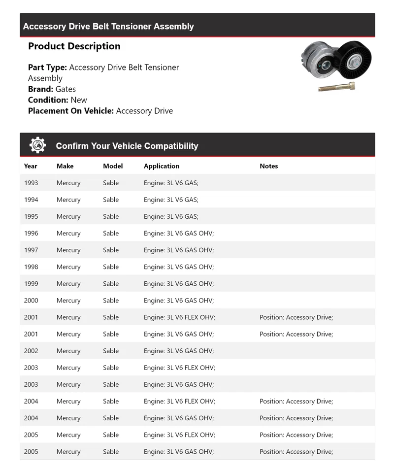 For 1993-2005 Mercury Sable Accessory Drive Belt Tensioner Assembly Gates 1994 - Image 2 of 4