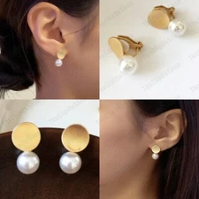 CLIP ON small FAUX PEARL EARRINGS matt brushed finish GOLD TONE non-pierced ears