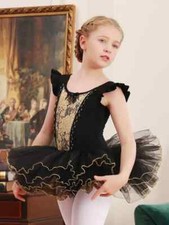 Elegant  Stretchy Flower Embroidery Flutter Trim Tutu Ballet Leotard Sz 7-8