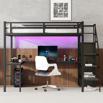 Full XL Size Loft Bed Metal Bed Frame with L-Shaped Desk & Wardrobe & LED Lights