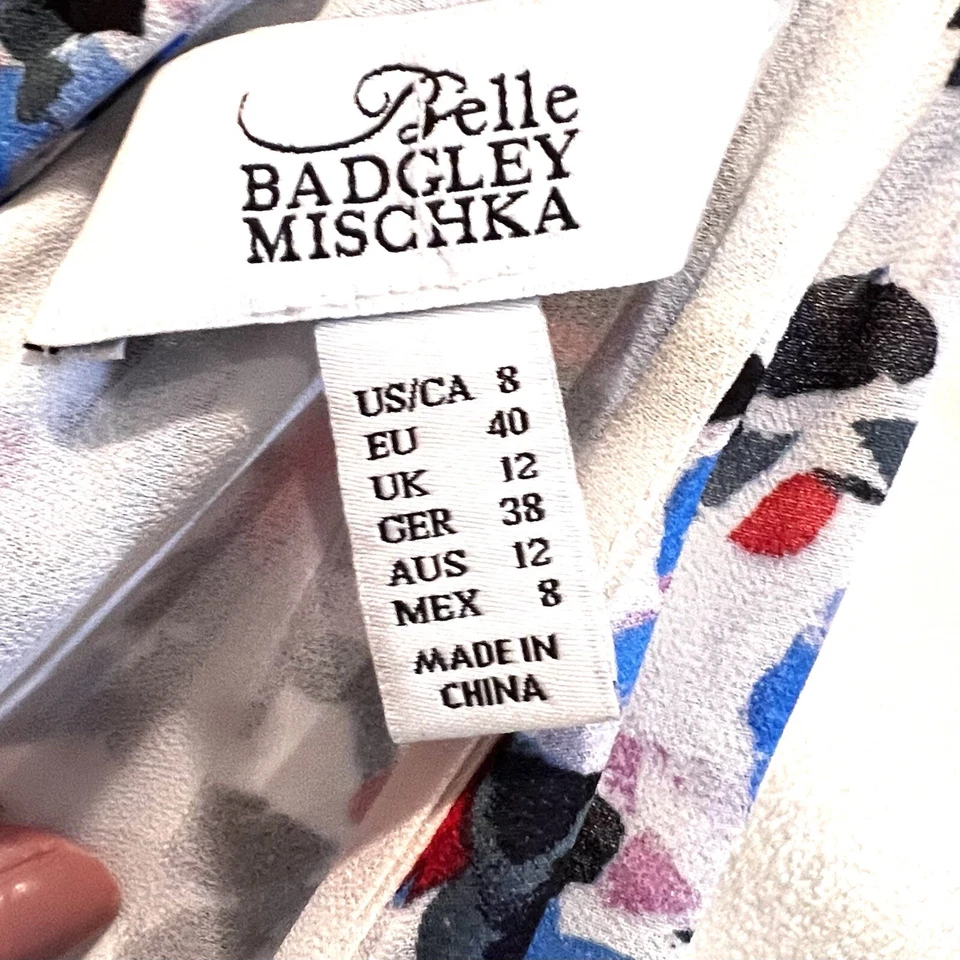 Vestido Belle Badgley Mischka Para Mujer Talla 8 Azul Blanco Rojo Volantes Corbata Cuello Forrado Foto 3 de 4