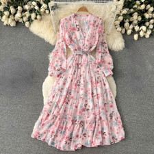 Women Sweet Long Puff Sleeve Chiffon Tea Dress Floral V-Neck Retro dress