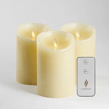 3pcs Luminara Flameless Wax Scented Candle Pillar Moving Wick Ivory Remote 3.5"