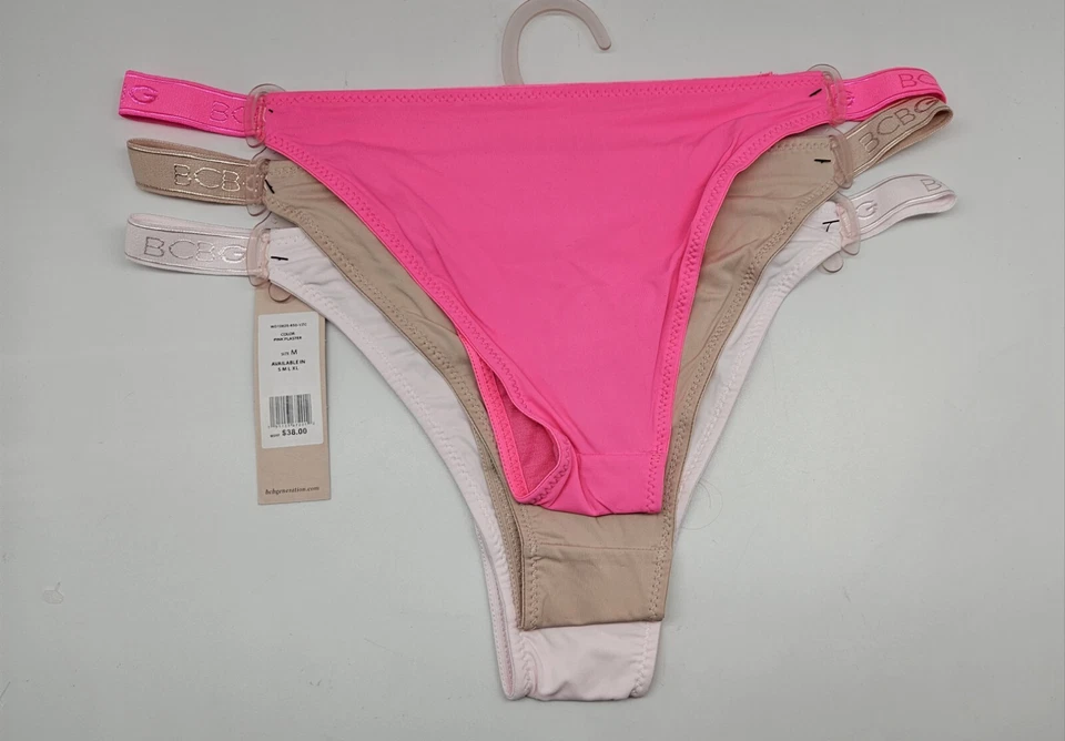 BCBGeneration 3Pk Womens M L XL Logo Lace Cheeky Bikini Panties Pink Beige Blush Foto 3 de 4