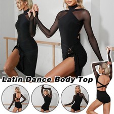 Womens Latin Dance Body Top Mesh Conjoined Backless Cross Belt Training Suit