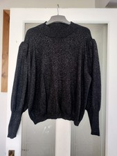 Black Sparkly Jumper Top Puff Sleeve Shoulder Pad Size Approx 12