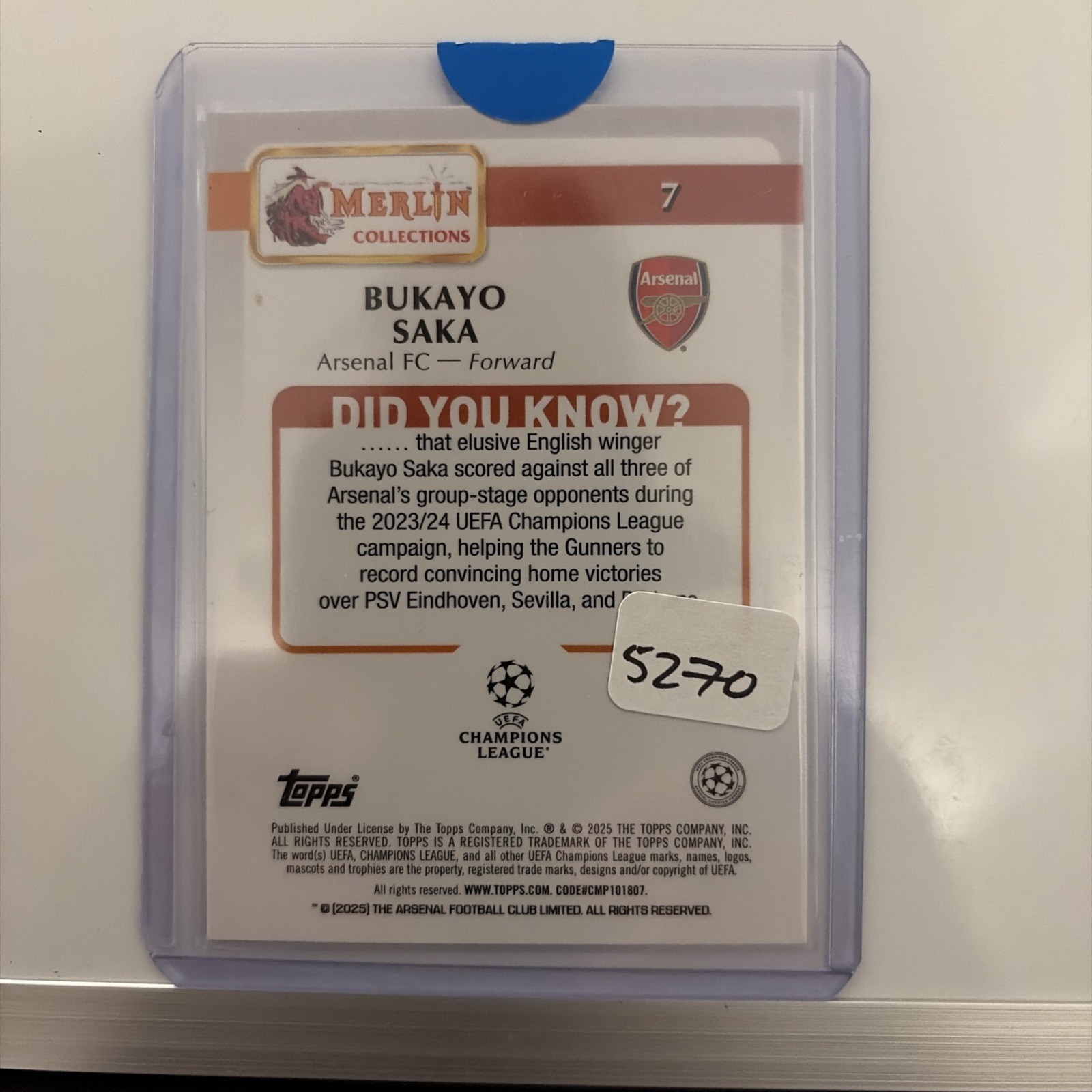 2024-25 Topps Merlin Uefa Club Competitions - Bukayo Saka #7 Mini-Diamond... view 2